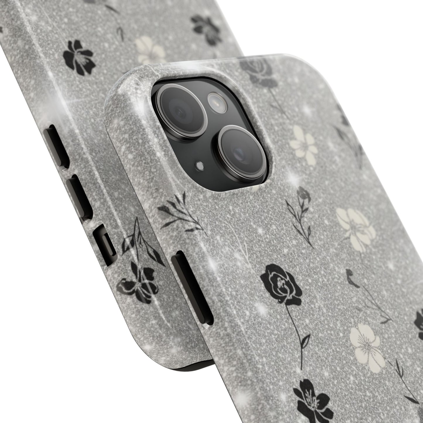 Floral Glitter Tough Phone Case — Black & Silver Vintage Flower Protective Cover