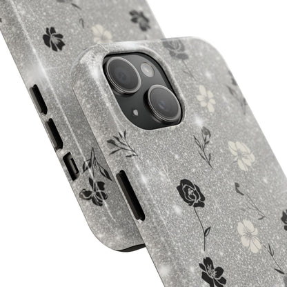 Floral Glitter Tough Phone Case — Black & Silver Vintage Flower Protective Cover