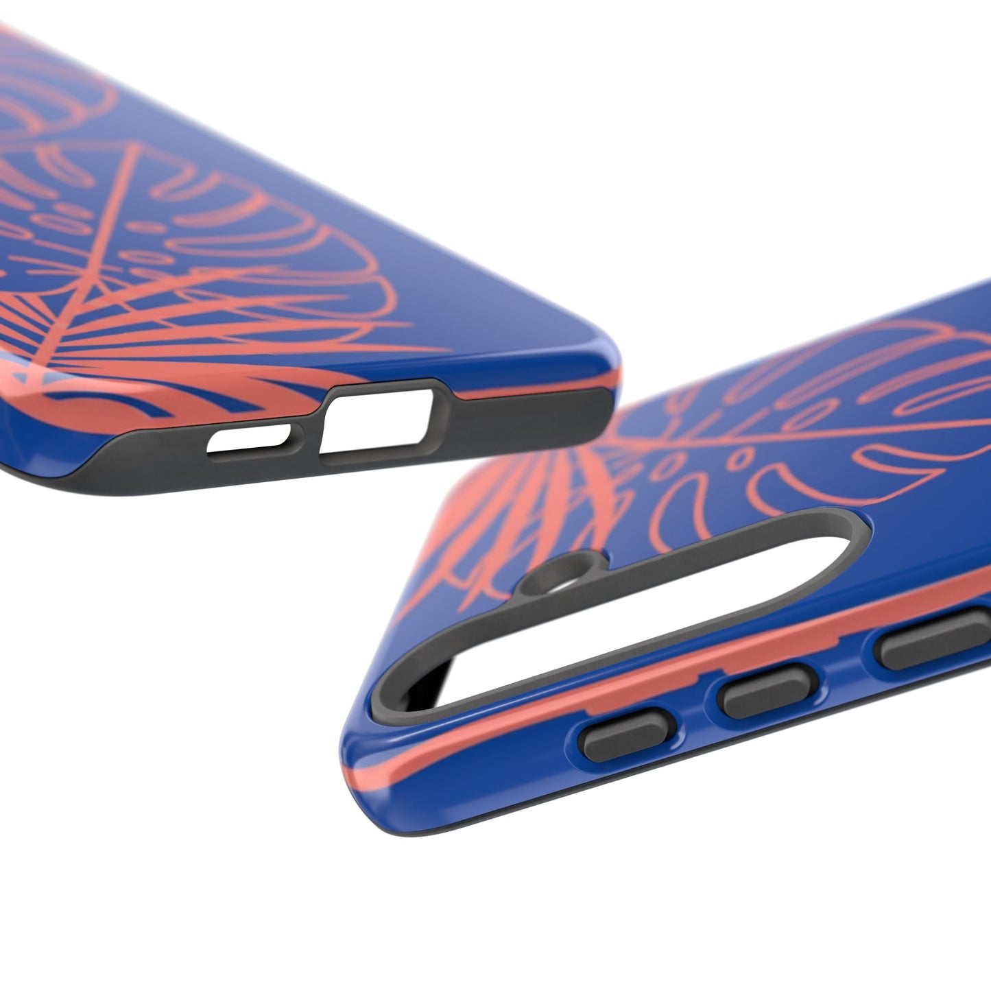 Tropical Monstera Phone Case — Blue & Coral Leaf Protective Cover