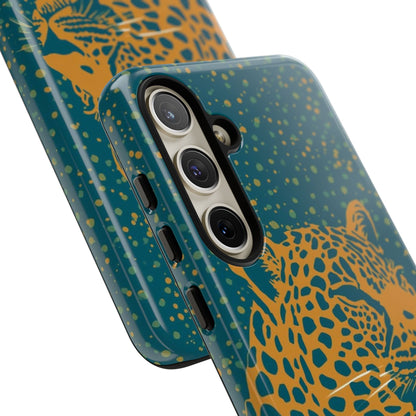 Leopard Print Tough Phone Case — Gold Panther on Teal, Protective iPhone Cover