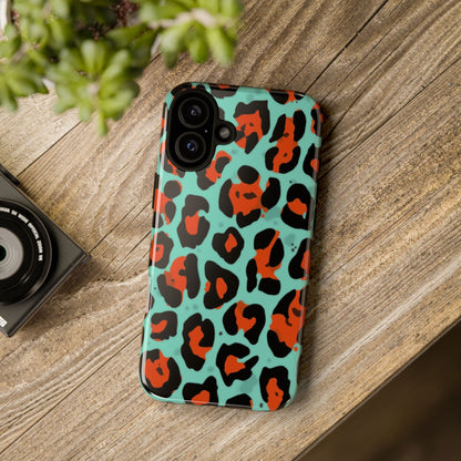 Leopard Print Tough Phone Case — Teal & Rust Protective iPhone Cover