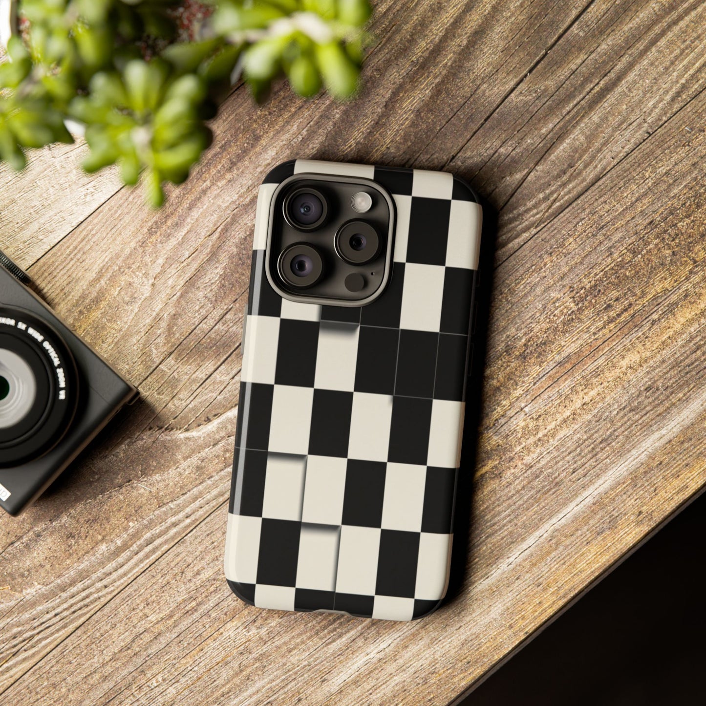 Checkerboard Tough Phone Case — Classic Black & Cream Grid Protective Cover