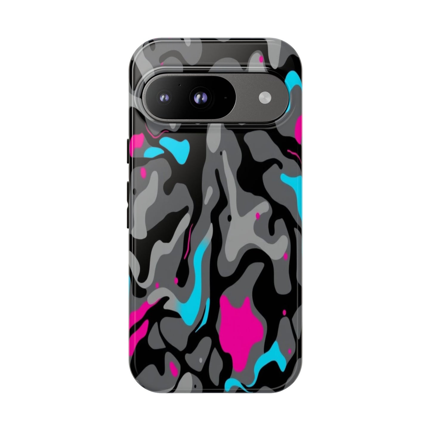 Camouflage Phone Case — Gray Camo with Neon Pink & Cyan Accent Tough Protective Cover