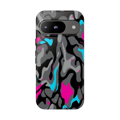 Camouflage Phone Case — Gray Camo with Neon Pink & Cyan Accent Tough Protective Cover