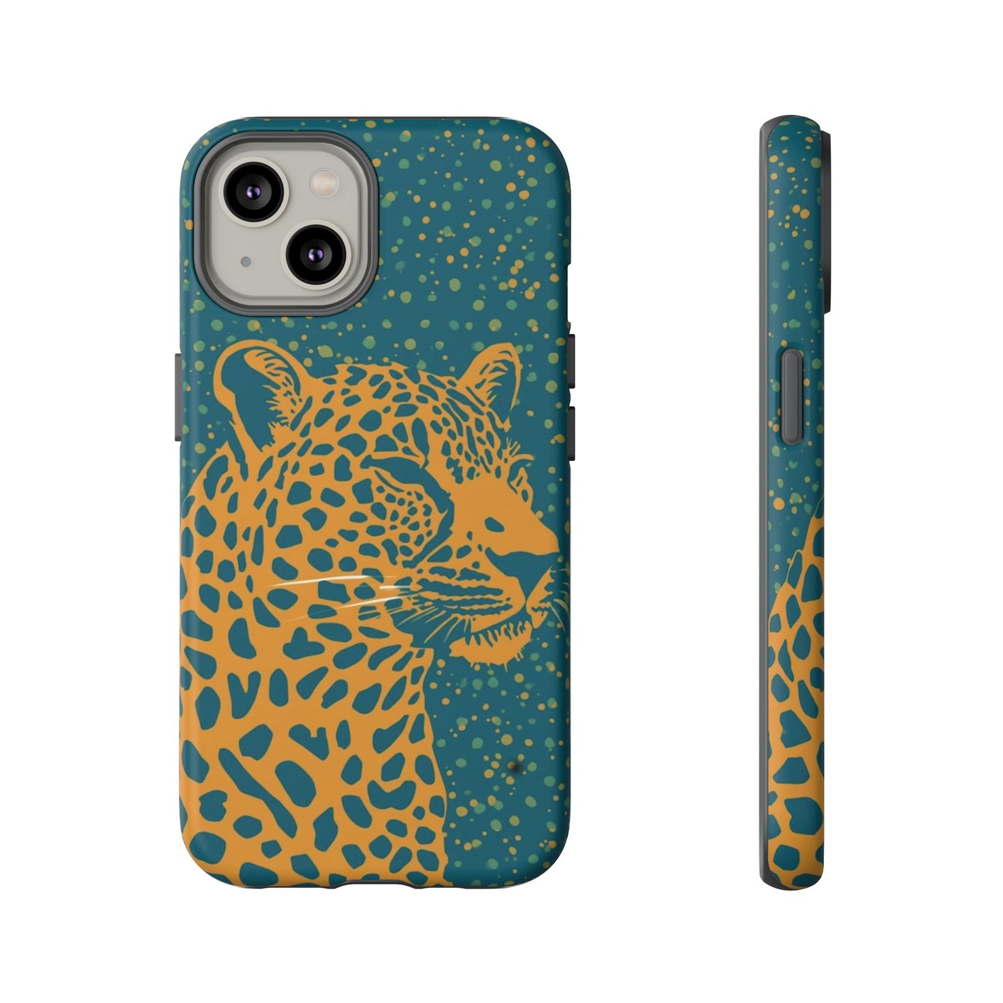 Leopard Print Tough Phone Case — Gold Panther on Teal, Protective iPhone Cover