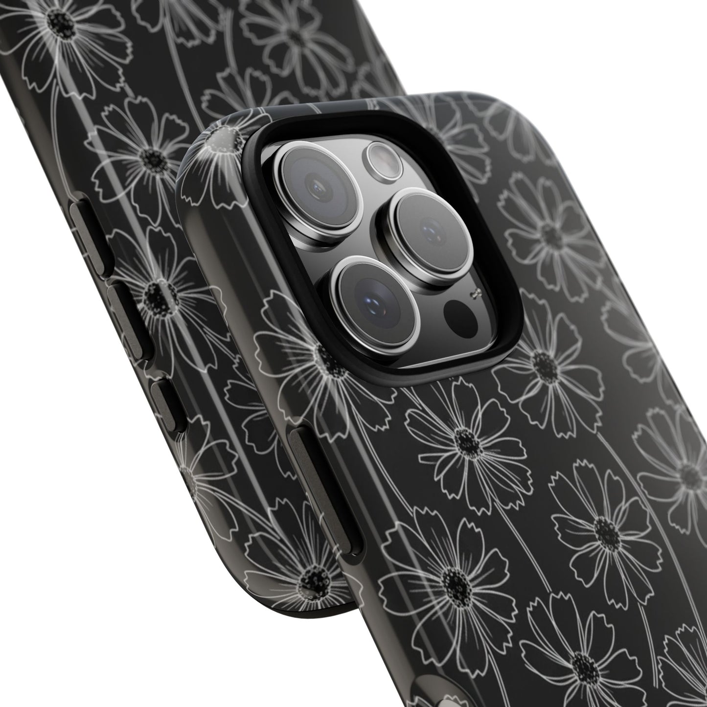 Floral Doodle Tough Phone Case — Black & Gray Daisy Pattern