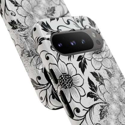 Floral Lace Phone Case — Black & White Vintage Flower Protective Case