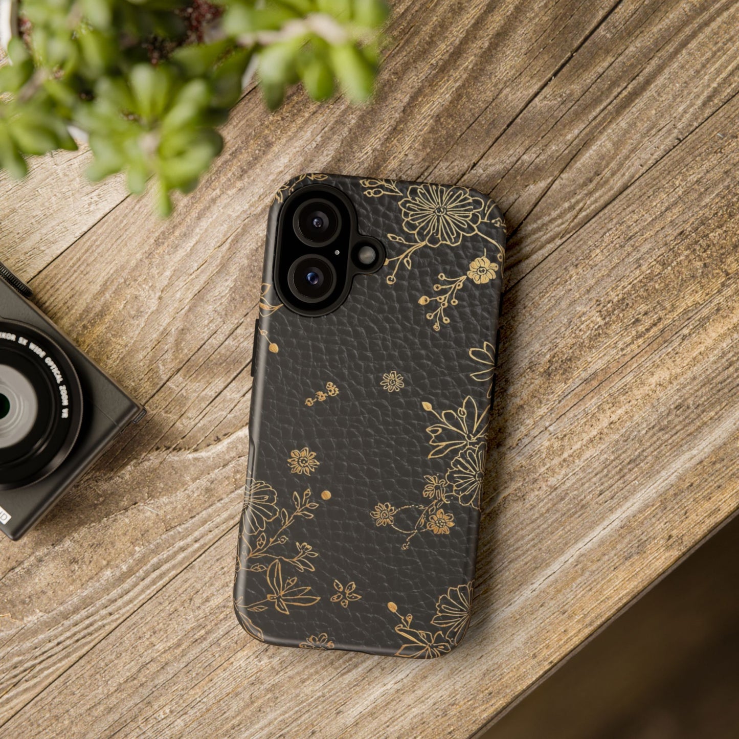 Floral Gold Foil Leather Texture Tough Phone Case