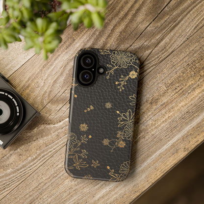 Floral Gold Foil Leather Texture Tough Phone Case