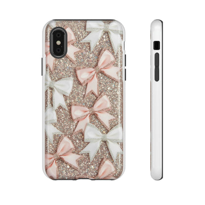 Glitter Bow Tough Phone Case — Pink & White Ribbon Protective Cover