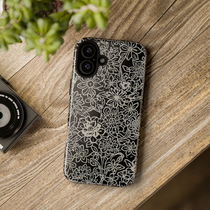 Floral Doodle Tough Phone Case — Black & White Sketch Flower Protective Cover