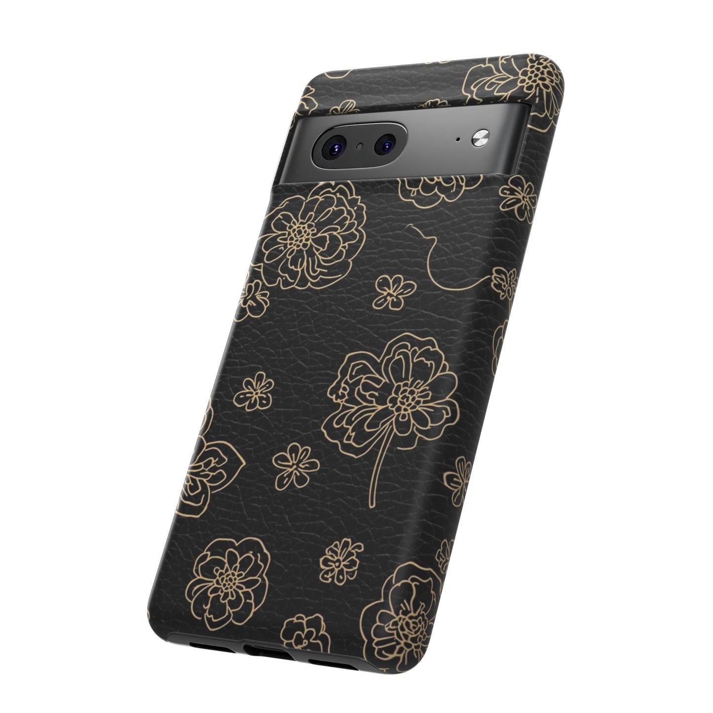 Floral Leather-Texture Tough Case – Black Gold Outline Phone Cover