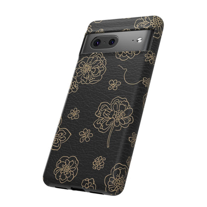 Floral Leather-Texture Tough Case – Black Gold Outline Phone Cover