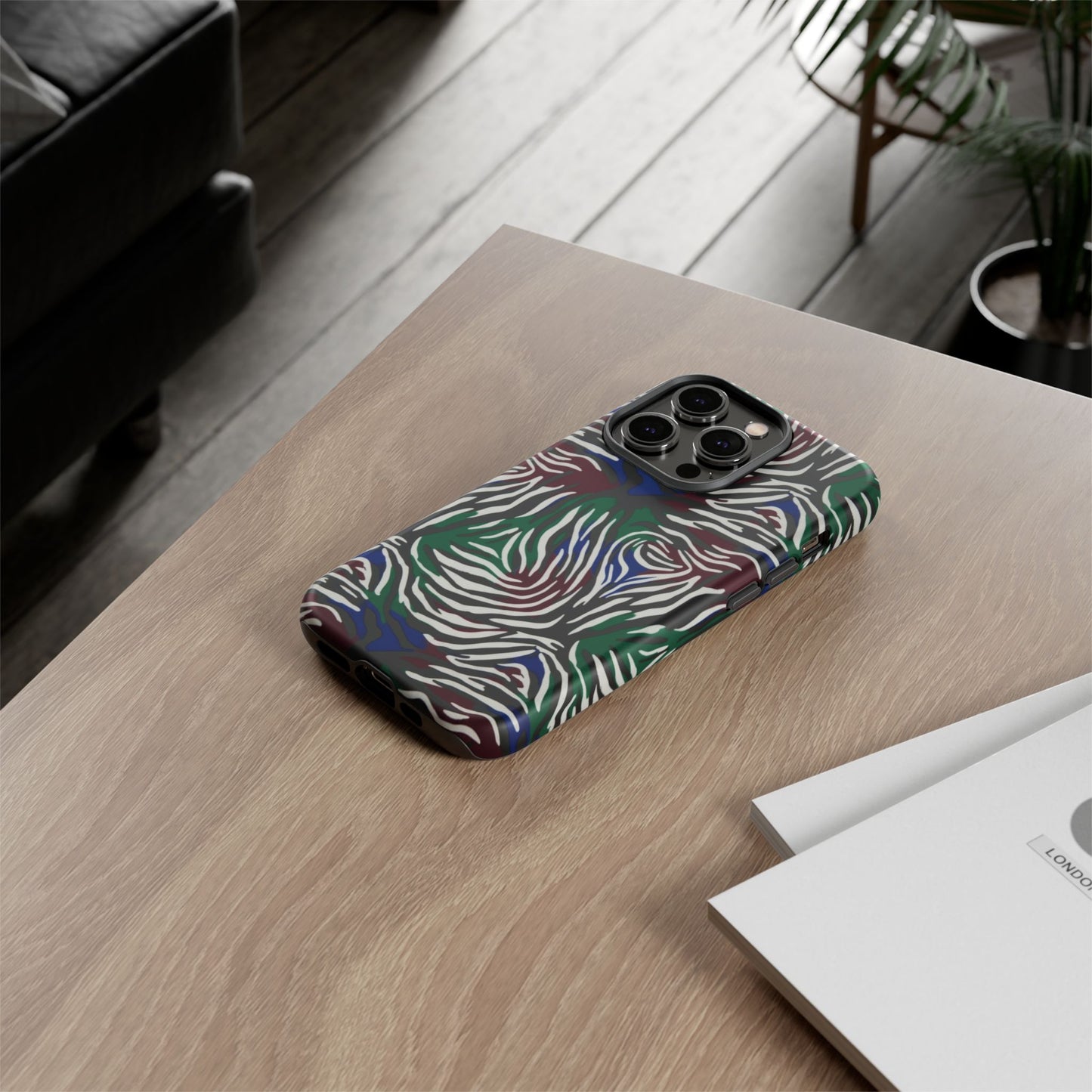 Zebra Camo Tough Phone Case – Green & Blue Animal Print Protective Cover