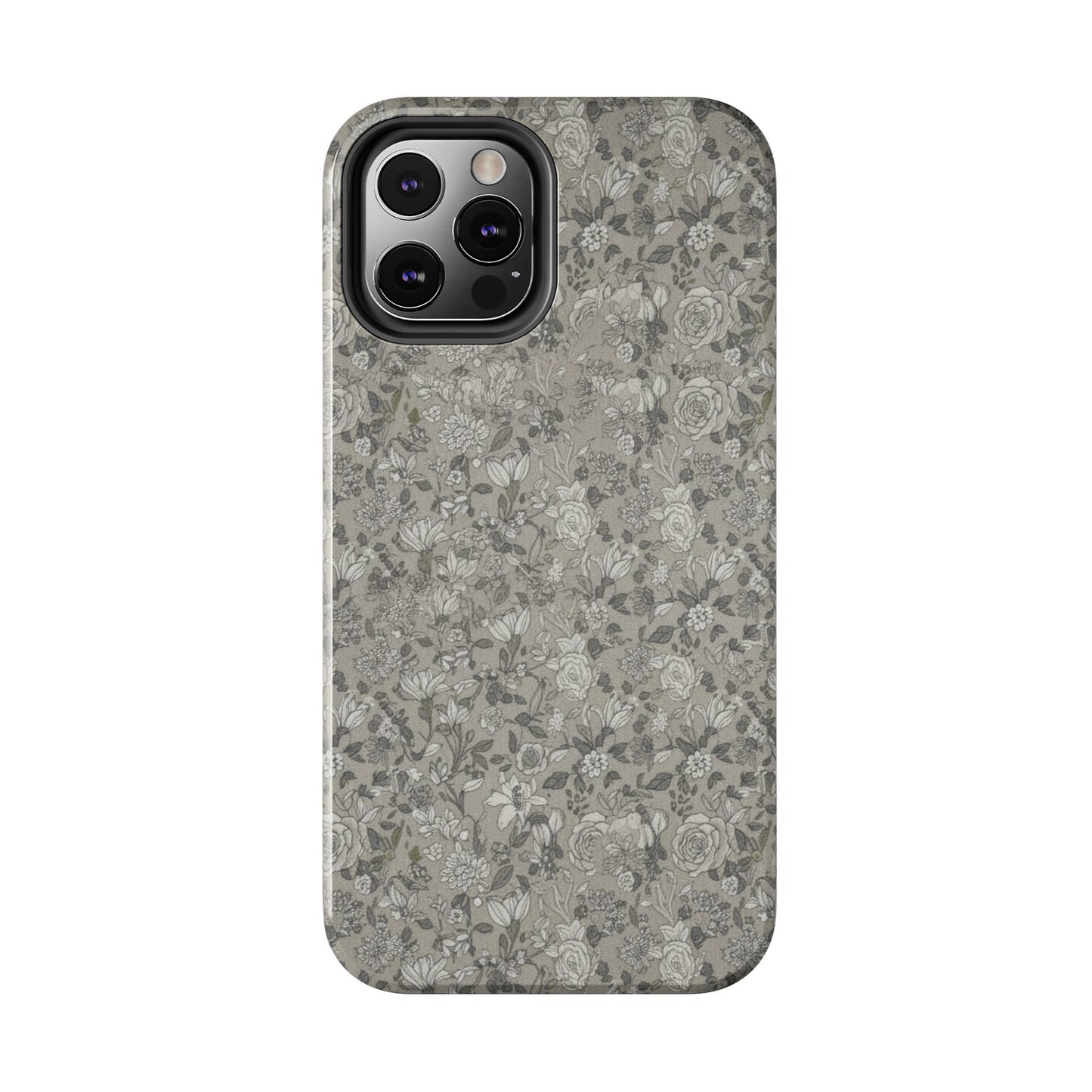 Gray Floral Tough Phone Case — Durable Protective Phone Cover with Vintage Botanical Pattern