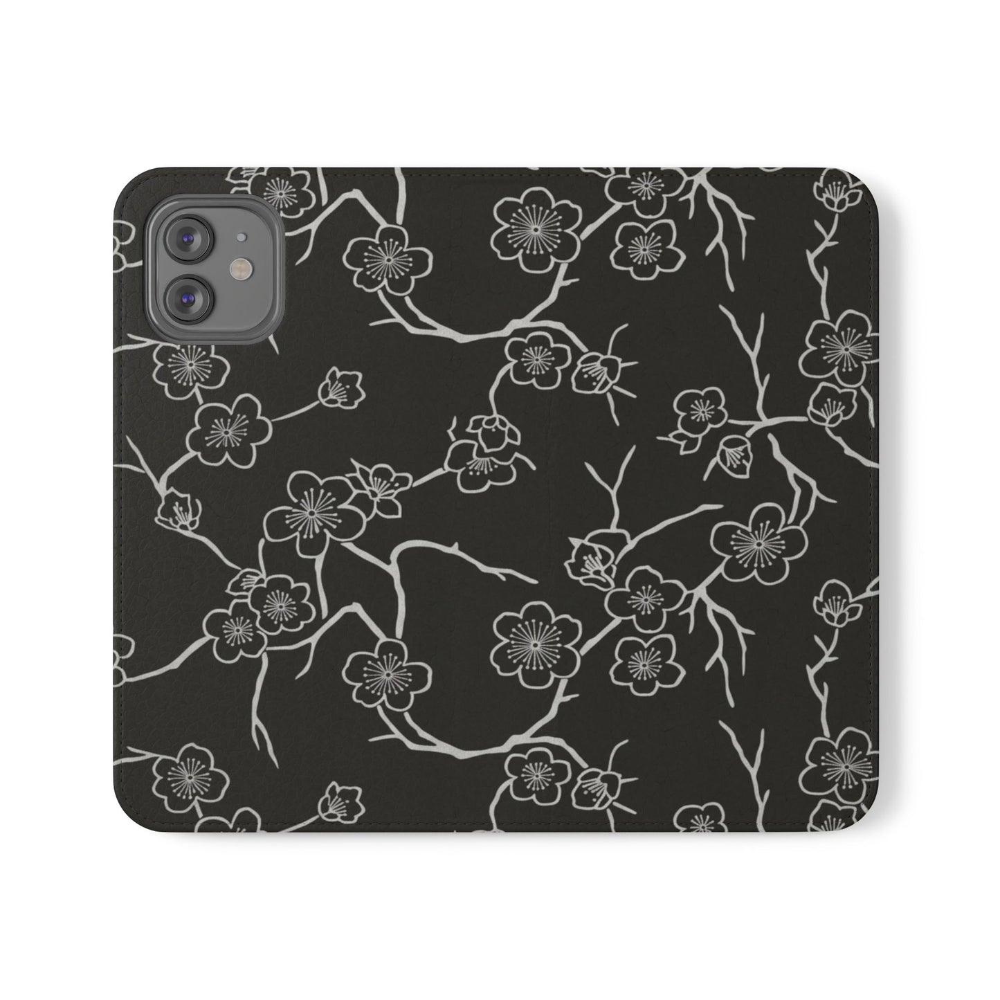Black Cherry Blossom Flip Phone Case – Floral Wallet Flip Case with Card Slots