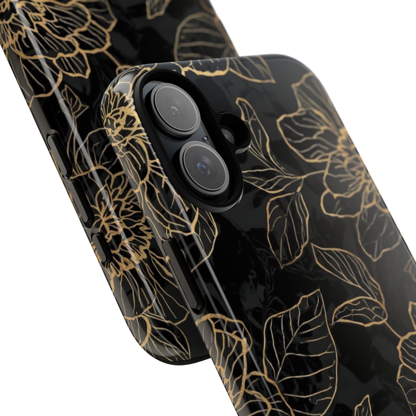 Floral Gold Outline Tough Phone Case – Black Botanical Protective Cover