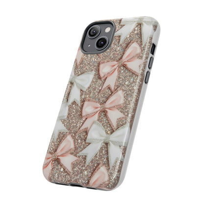 Glitter Bow Tough Phone Case — Pink & White Ribbon Protective Cover