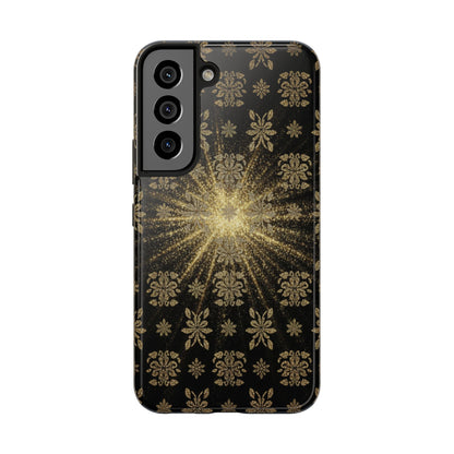 Glitter Burst Tough Phone Case — Black & Gold Floral Protective Cover