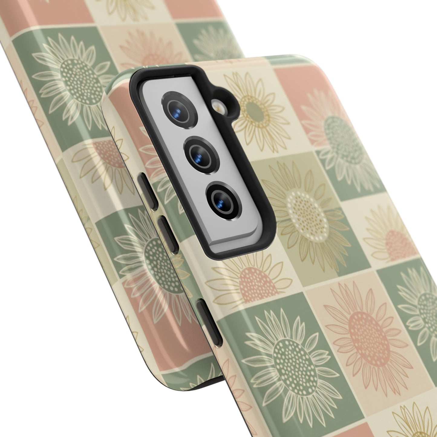 Sunflower Check iPhone Tough Phone Case — Retro Pastel Floral Protective Cover
