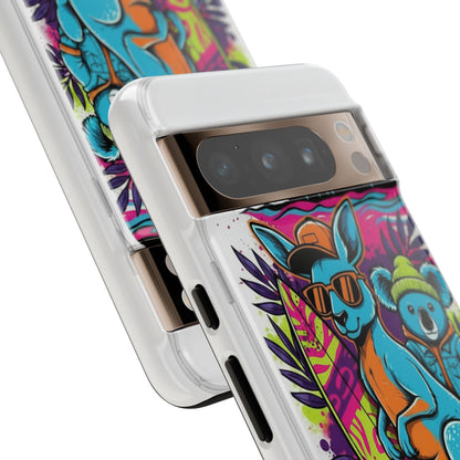 Kangaroo & Koala Surf Phone Case — Retro Neon Beach Art Tough Case