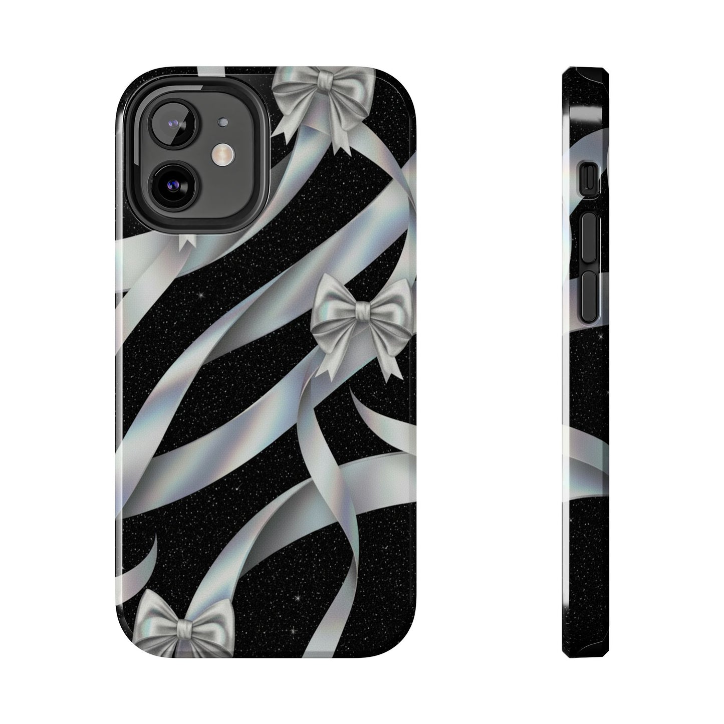Silver Ribbon Bow Tough Phone Case — Glitter Black Protective Phone Case