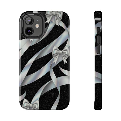 Silver Ribbon Bow Tough Phone Case — Glitter Black Protective Phone Case