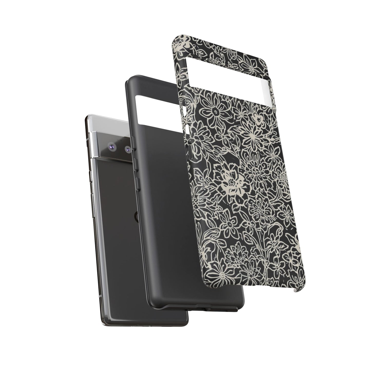 Floral Doodle Tough Phone Case — Black & White Sketch Flower Protective Cover
