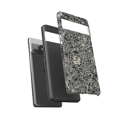 Floral Doodle Tough Phone Case — Black & White Sketch Flower Protective Cover