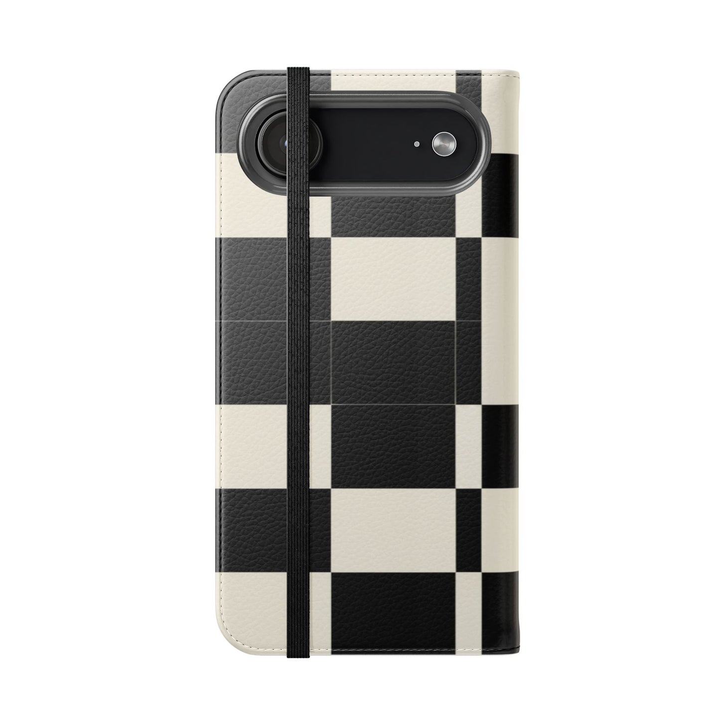 Checkered Flip Phone Case – Black & Cream Retro Grid Wallet Case