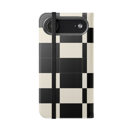 Checkered Flip Phone Case – Black & Cream Retro Grid Wallet Case