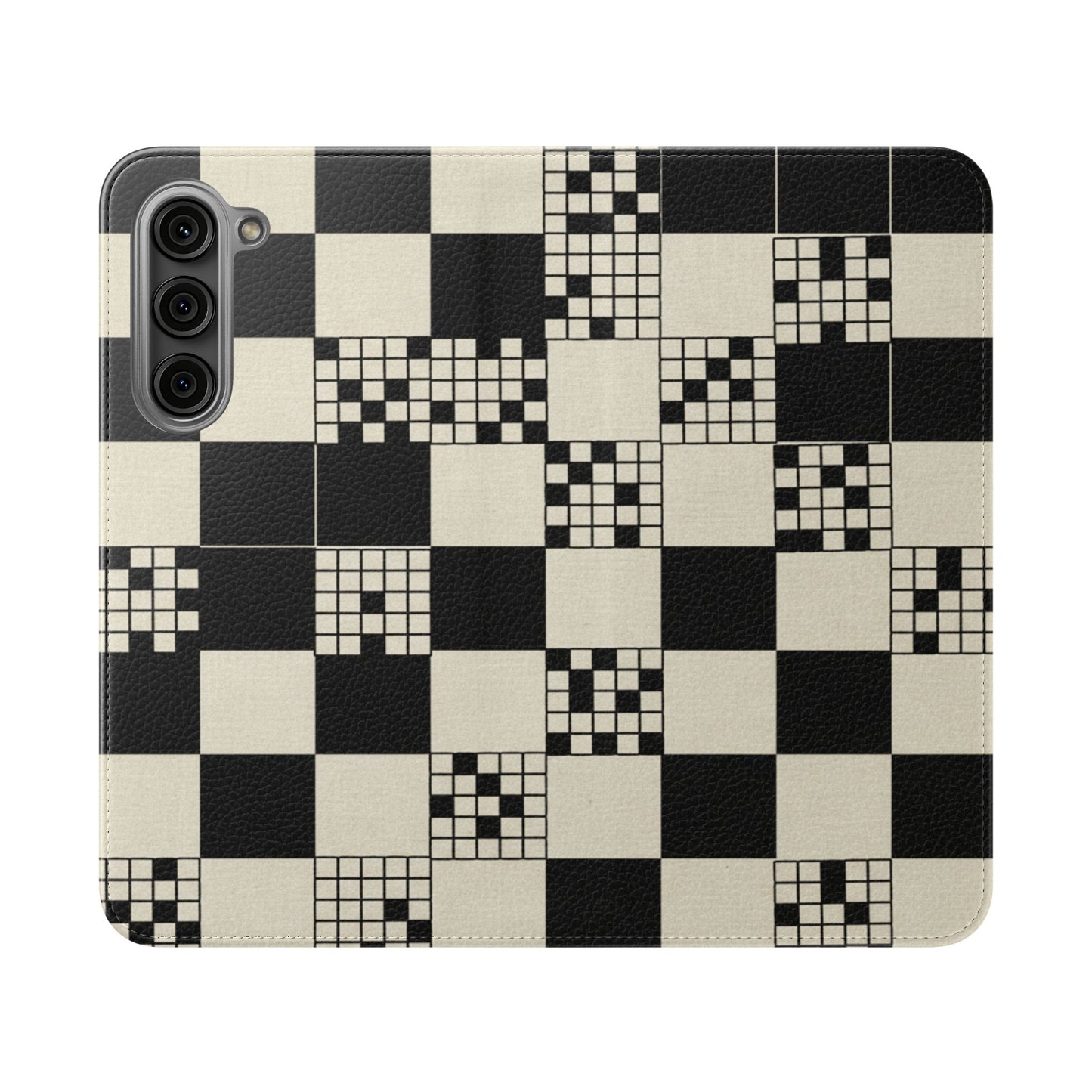 Checkerboard Flip Phone Case – Retro Black & Cream Geometric Wallet Case