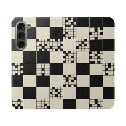 Checkerboard Flip Phone Case – Retro Black & Cream Geometric Wallet Case