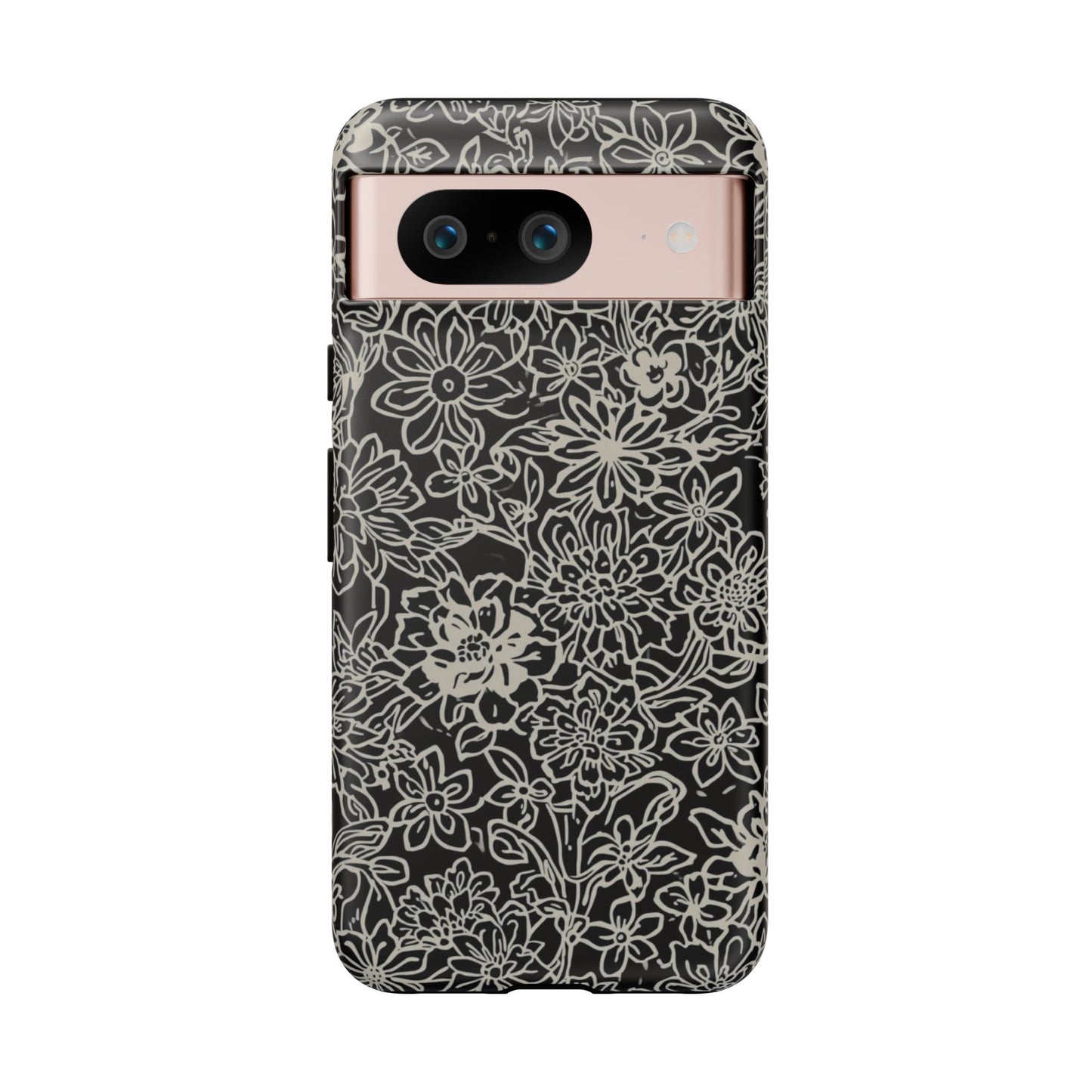 Floral Doodle Tough Phone Case — Black & White Sketch Flower Protective Cover