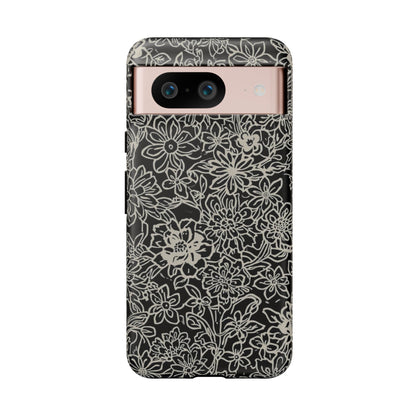 Floral Doodle Tough Phone Case — Black & White Sketch Flower Protective Cover