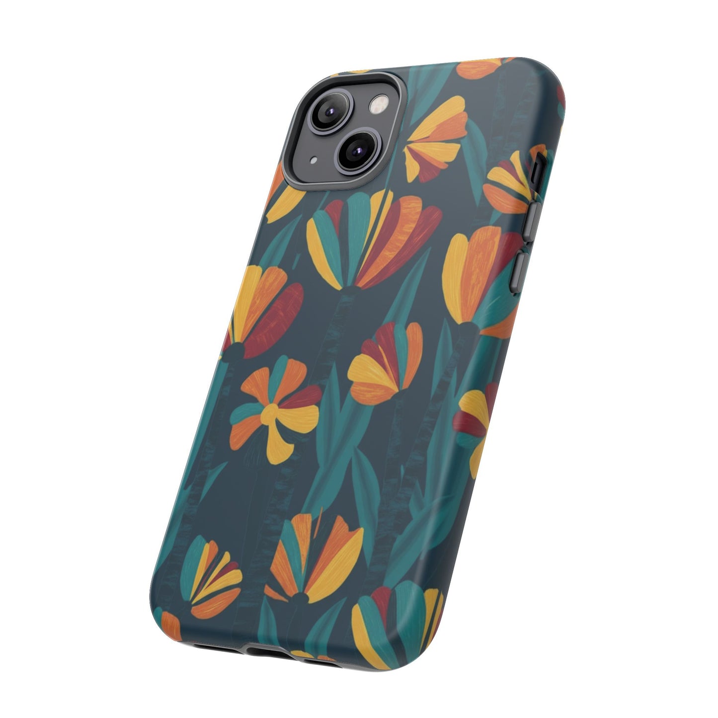 Floral Retro Teal Tough Phone Case — Vibrant Orange & Mustard Blooms