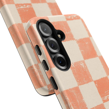 Peach Checkerboard Tough Phone Case — Retro Distressed Grid Design