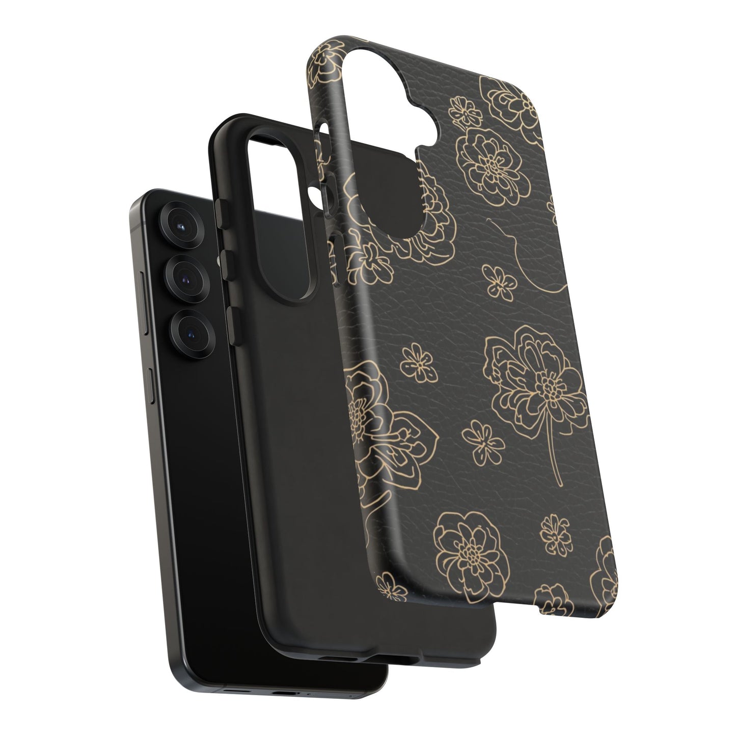 Floral Leather-Texture Tough Case – Black Gold Outline Phone Cover