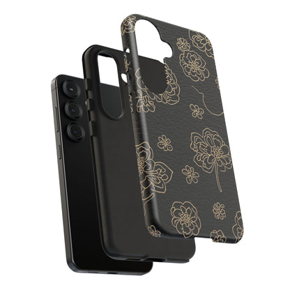 Floral Leather-Texture Tough Case – Black Gold Outline Phone Cover