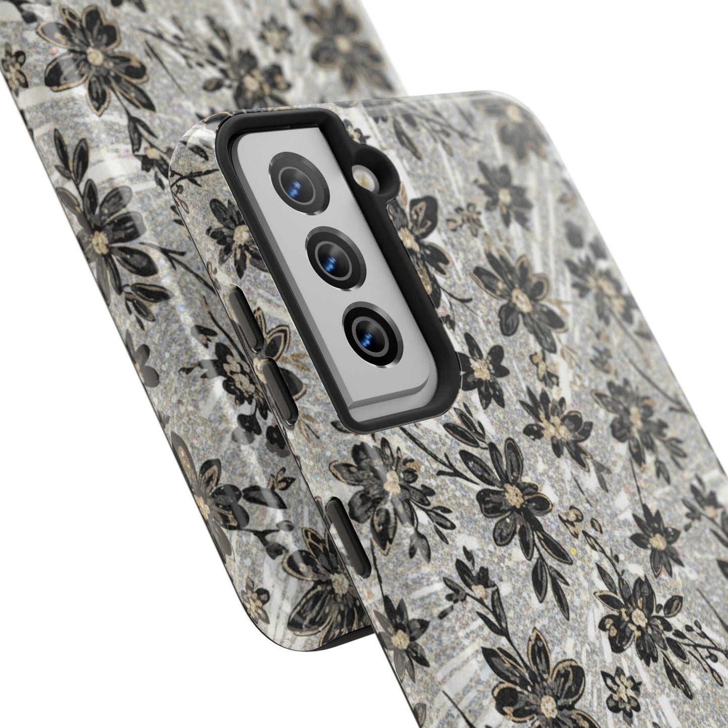 Floral Vintage Tough Phone Case — Black & Gray Rustic Flower Protective Case