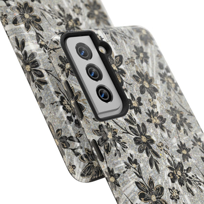 Floral Vintage Tough Phone Case — Black & Gray Rustic Flower Protective Case