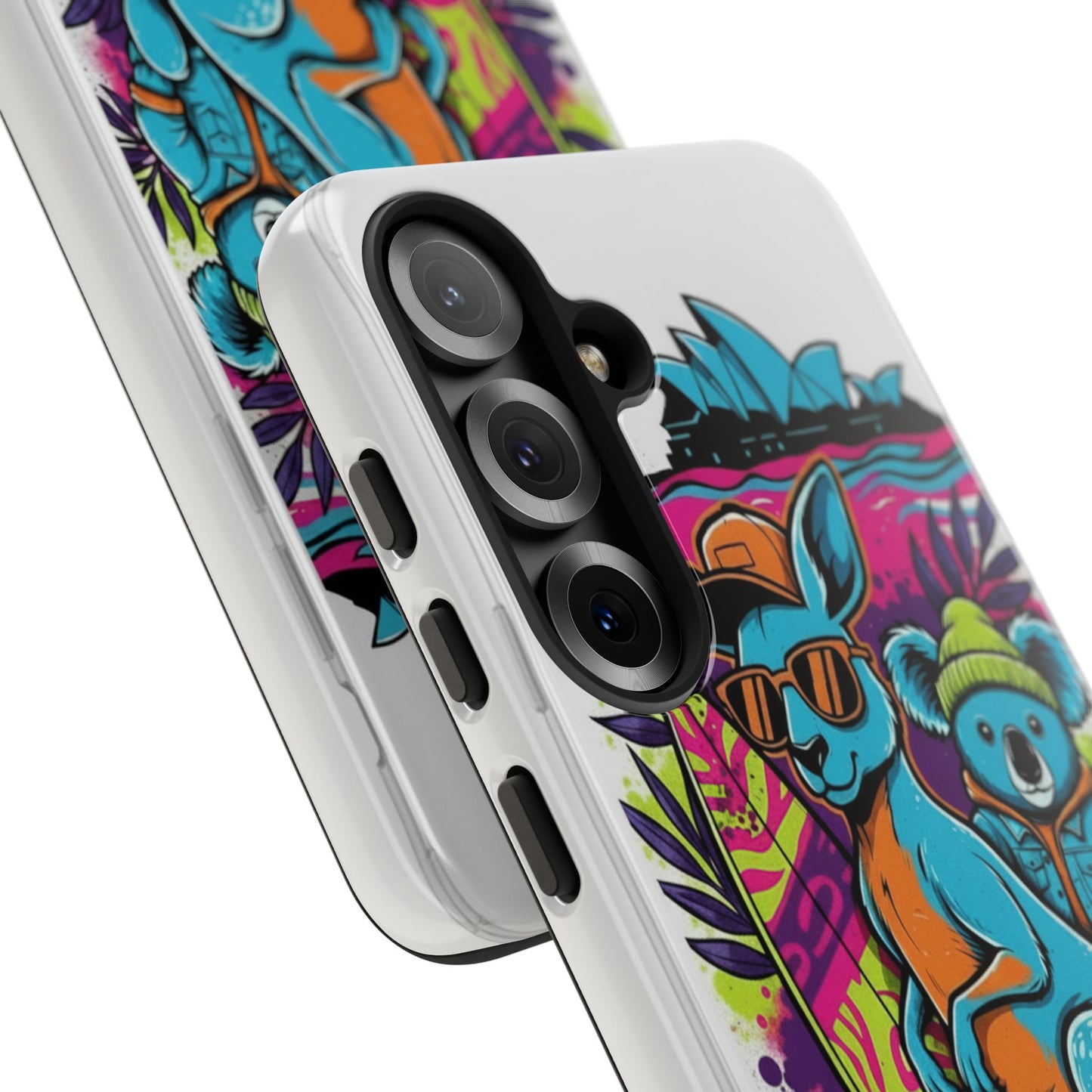 Kangaroo & Koala Surf Phone Case — Retro Neon Beach Art Tough Case