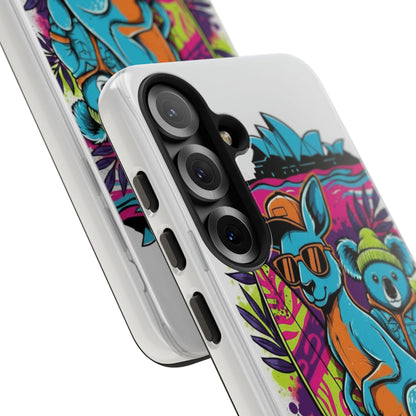 Kangaroo & Koala Surf Phone Case — Retro Neon Beach Art Tough Case