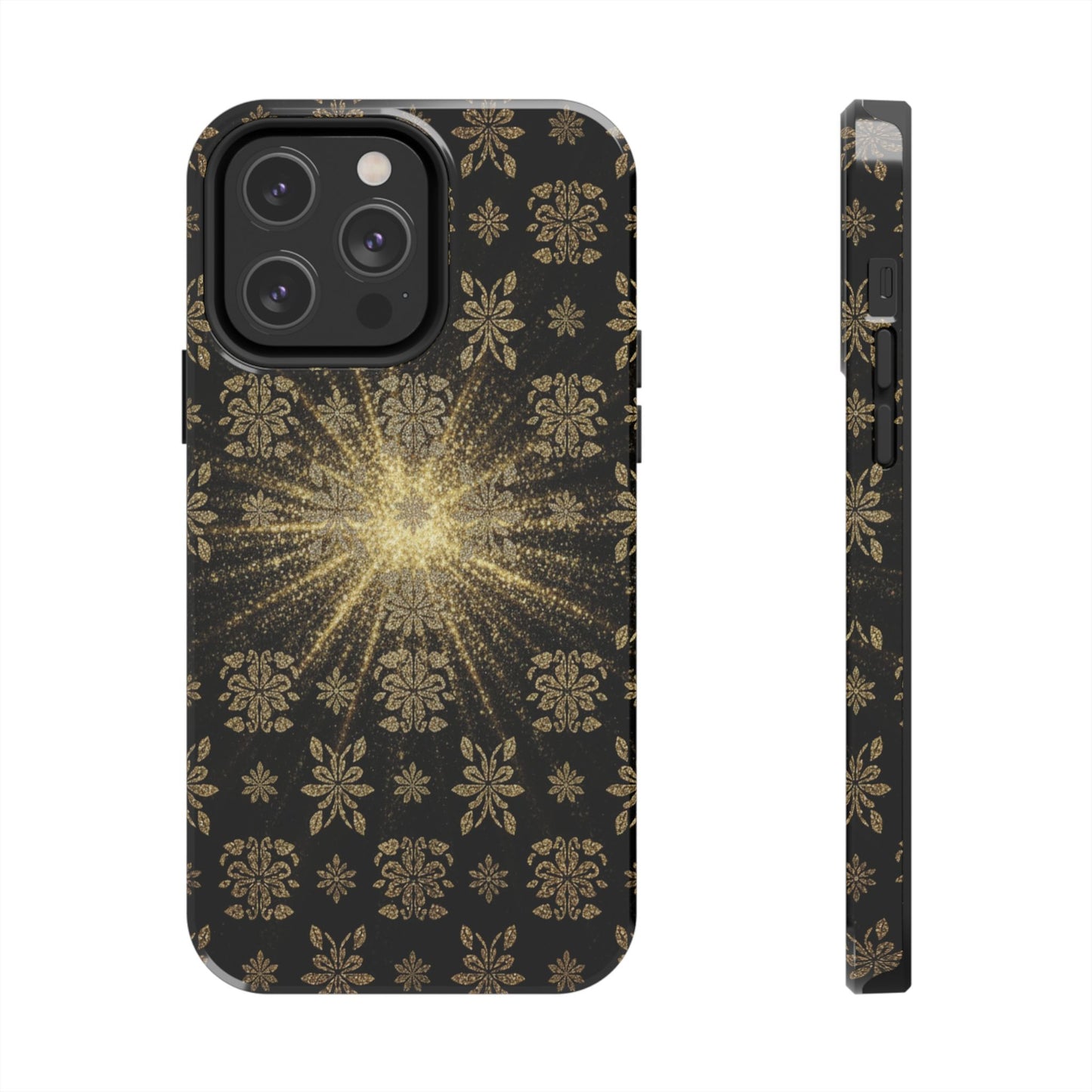 Glitter Burst Tough Phone Case — Black & Gold Floral Protective Cover
