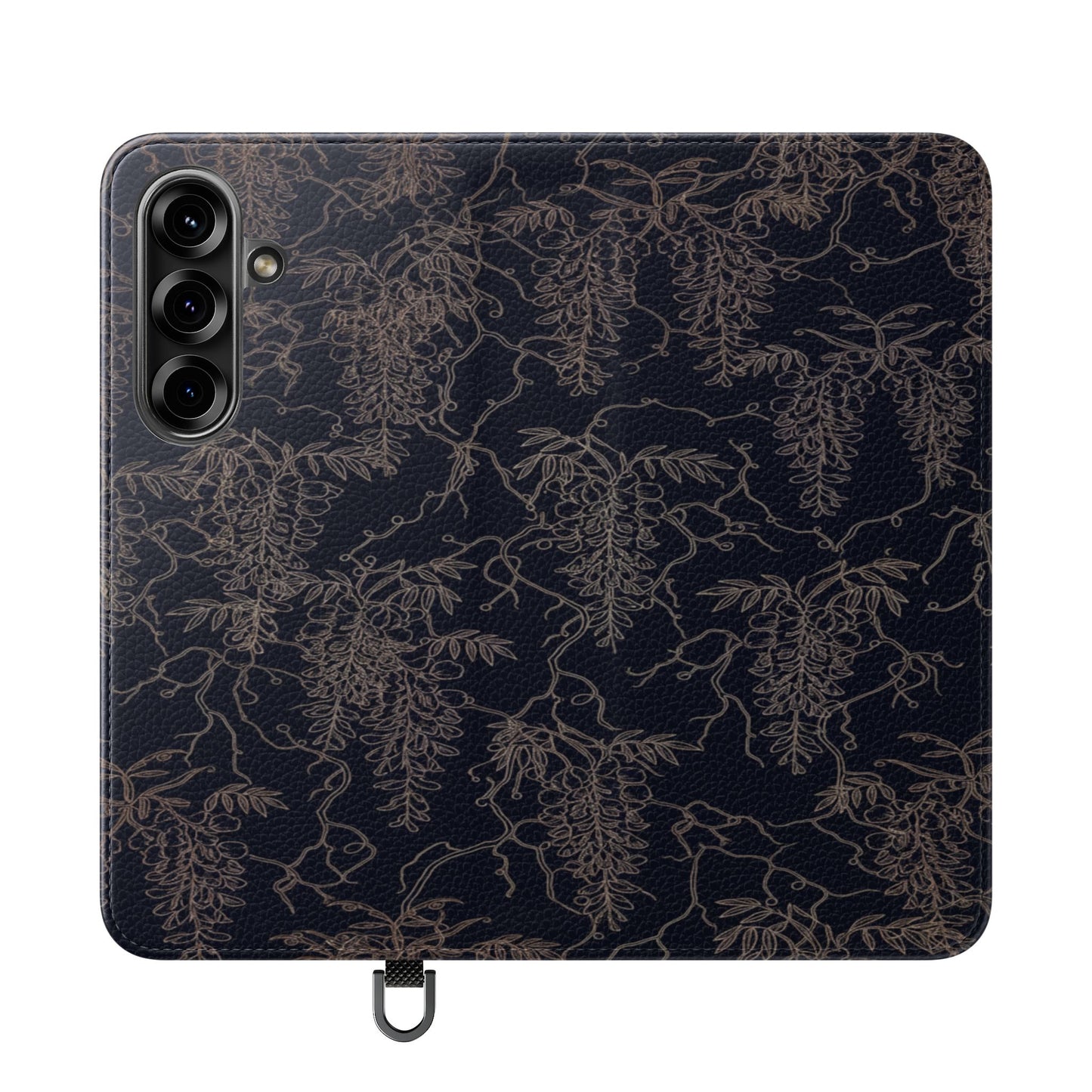 Botanical Noir Flip Phone Case — Dark Floral Wallet Cover with Card Slots