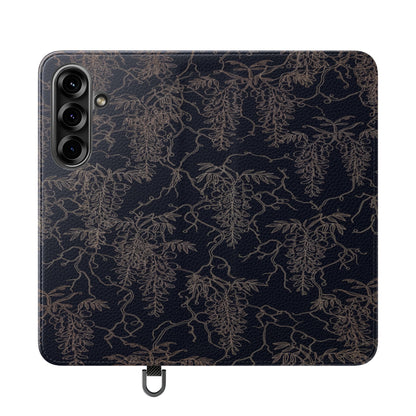 Botanical Noir Flip Phone Case — Dark Floral Wallet Cover with Card Slots