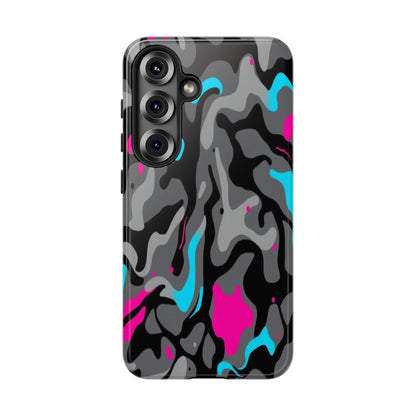 Camouflage Phone Case — Gray Camo with Neon Pink & Cyan Accent Tough Protective Cover