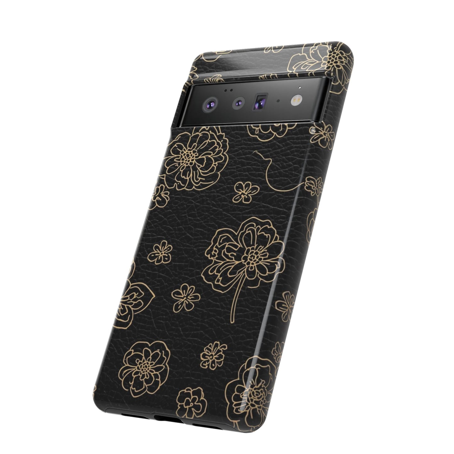 Floral Leather-Texture Tough Case – Black Gold Outline Phone Cover