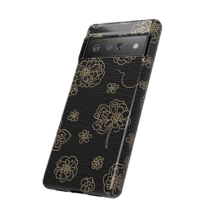 Floral Leather-Texture Tough Case – Black Gold Outline Phone Cover