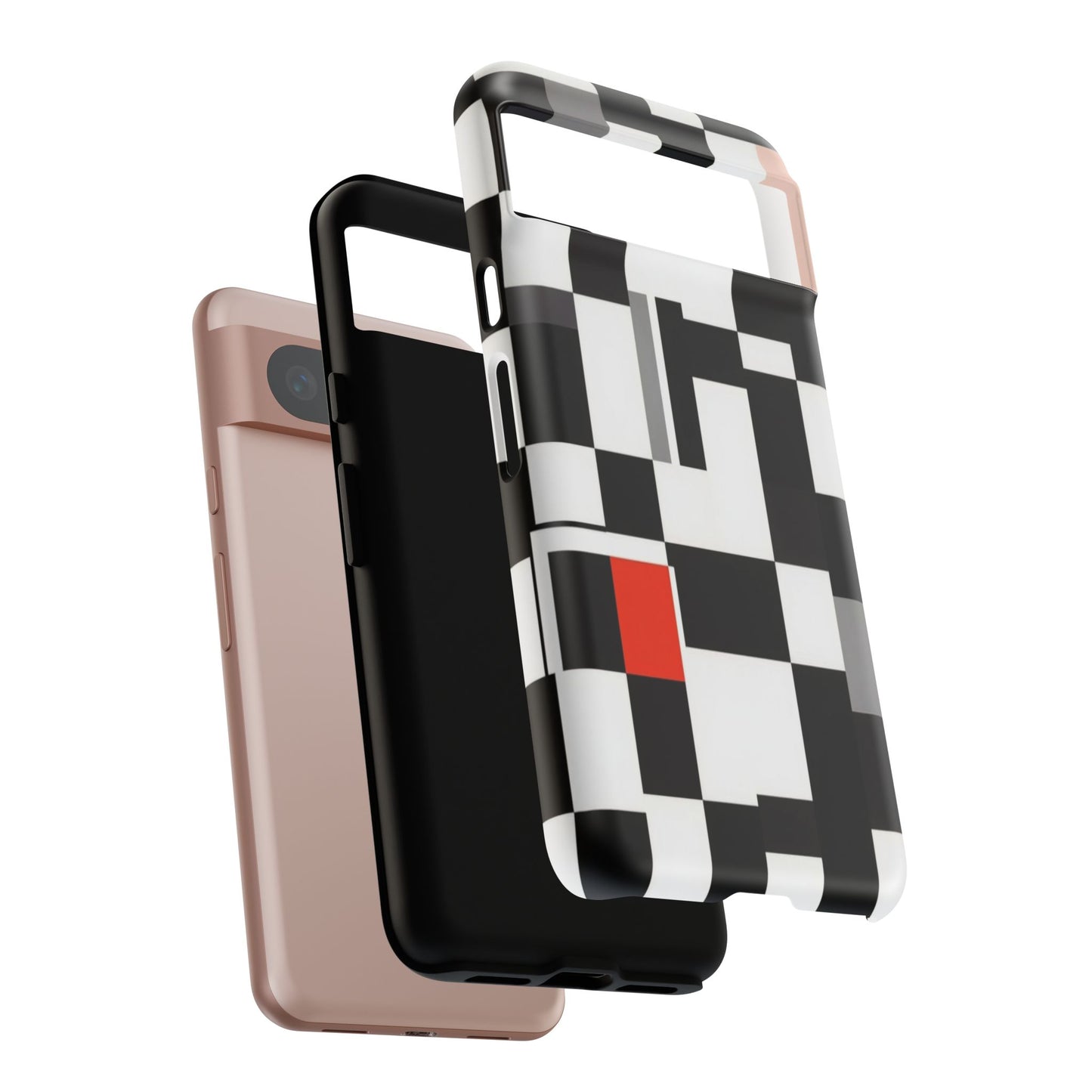 Abstract Geometric Phone Case – Black & White Checker Grid with Red Accent